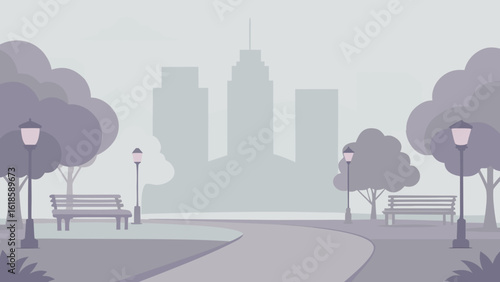 Witness the soft diffused light of a foggy day in a city creating an atmospheric urban vista