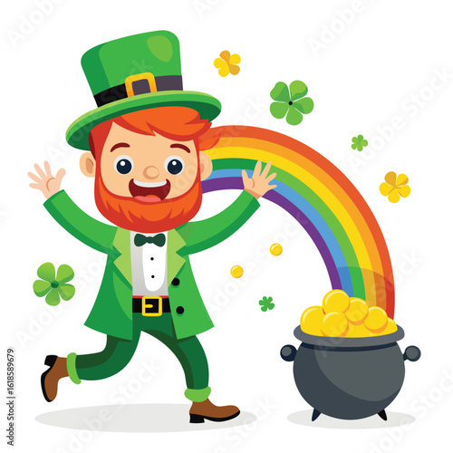 Green leprechaun cartoon with a clover hat, gold, and shamrock, celebrating St Patrick's Day in Ireland, a lucky Irish holiday illustration