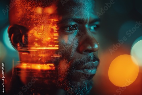 Futuristic Double Exposure Portrait of a Thoughtful Man with Neon Cityscape Reflections