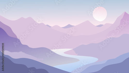 Discover the soft ethereal light of a misty morning in a valley creating a tranquil scenic view