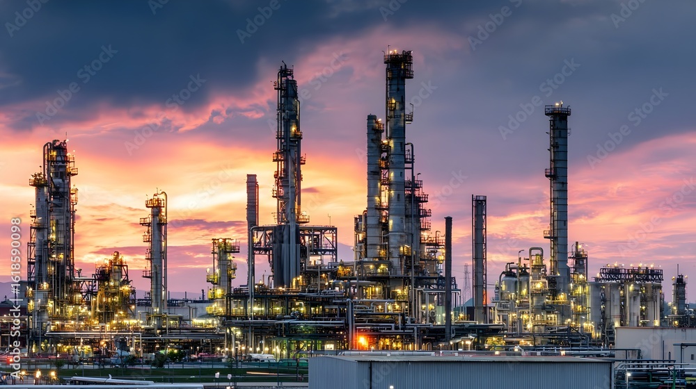 Oil refinery at dusk with glowing lights, complex piping, and tall towers against a colorful sky.
Concept:Energy production, industrial infrastructure, oil and gas industry, petrochemical processing, Oil refinery at dusk with glowing lights, complex piping, and tall towers against a colorful sky.
Concept:Energy production, industrial infrastructure, oil and gas industry, petrochemical processing,