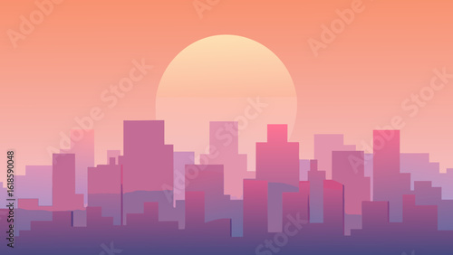 Witness the soft pastel hues of a sunset over a hazy city creating a tranquil urban vista
