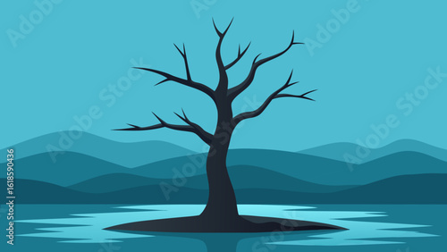 Observe the stark and haunting beauty of a lone dead tree standing silent in a misty swamp