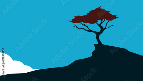 Admire the stark beauty of a lone windswept tree standing resiliently on a dramatic cliff