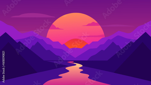 The Sun Setting Behind a Distant Mountain Range Colors