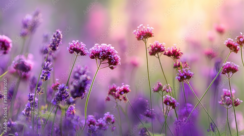 Naklejka premium Vibrant purple and pink wildflowers in soft sunlight