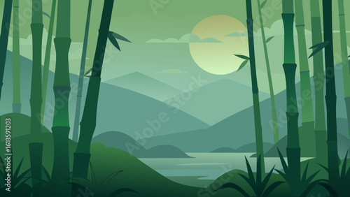 The Tranquil Scene of a Misty Morning in a Bamboo Forest