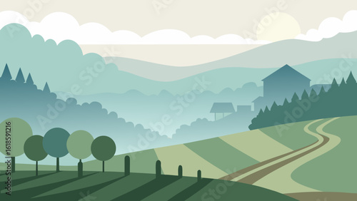 The Tranquil Scene of a Misty Morning in a Vineyard