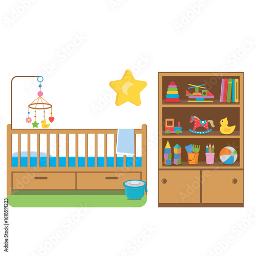 A crib and a closet with cartoon-style toys isolated on a white background