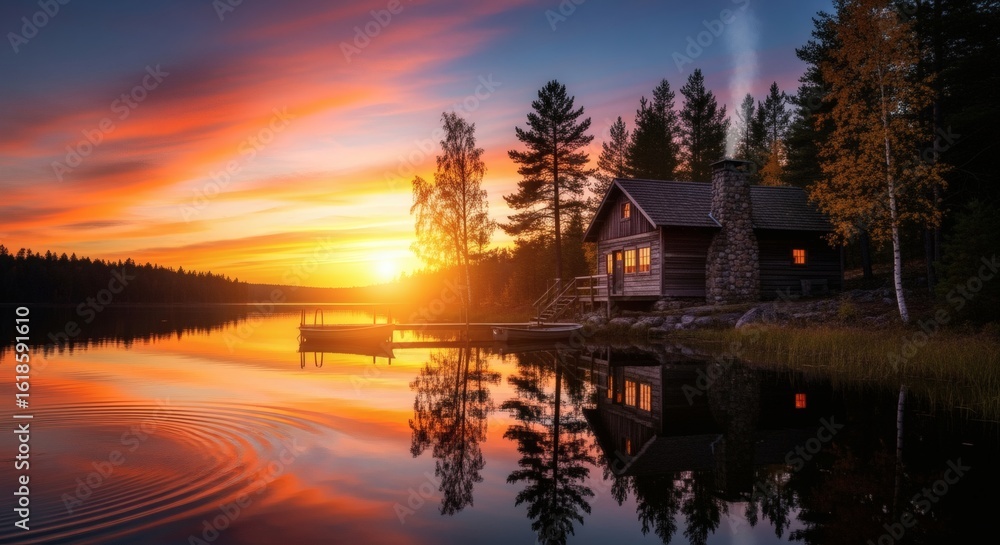 Fototapeta premium Golden hour illuminates a charming lakeside cabin and its perfect reflection on still water.