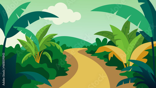 Lush Tropical Garden with Large Leaves Banana Trees and Vibrant