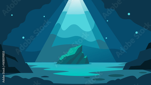 Submerged Cave Opening with Light Beams and Ancient Rocky Walls