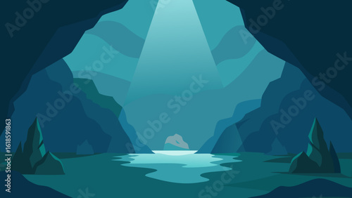 Underwater Cave Opening with Light Beams and Rocky Formations
