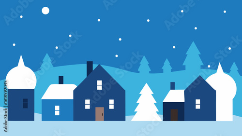 Snow Covered Winter Skyline with Bare Trees and Icy Rooftops
