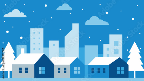 Winter Skyline with Snow Covered Rooftops and Bare Trees Landscape