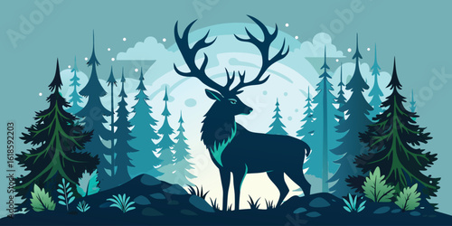 Majestic wild deer and reindeer silhouettes with large antlers are often found in nature's snowy winter forest illustrations