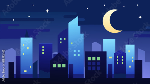 Night City Skyline with Starry Sky and Glowing Windows Modern