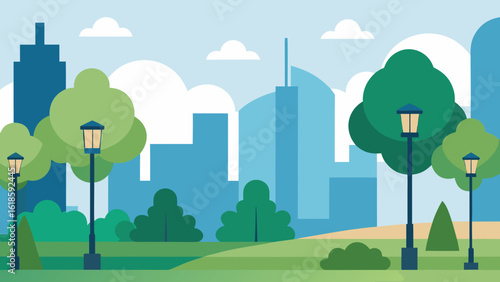 Morning Cityscape with Leafy Trees and Streetlamps Illuminated