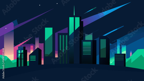 Night Skyline with Aurora Lights Above Modern Buildings and City