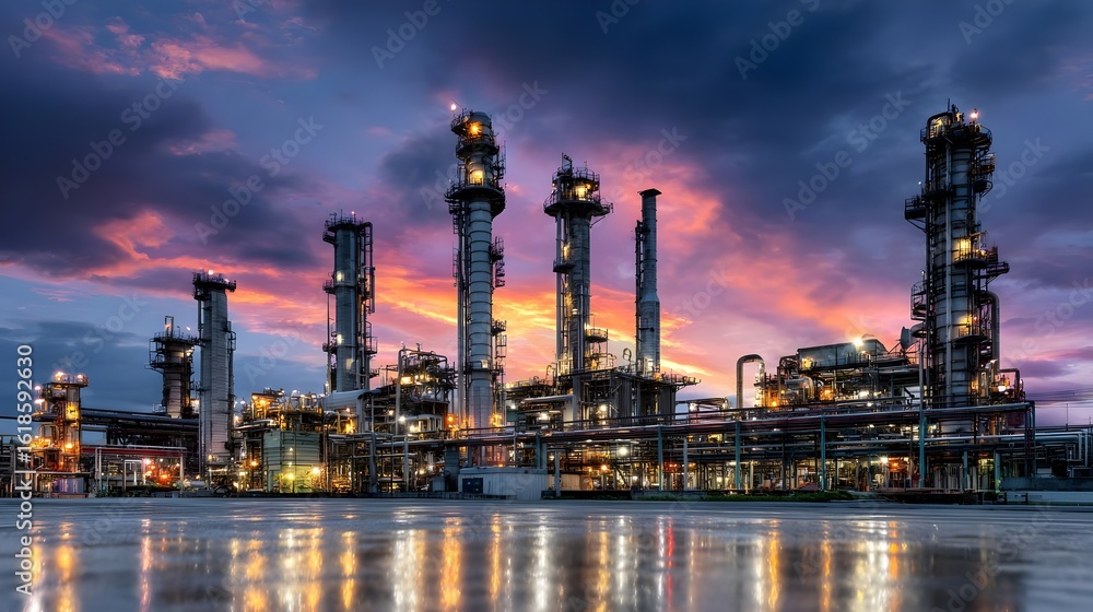 Fototapeta premium Oil refinery at dusk with glowing lights, complex piping, and tall towers against a colorful sky. Concept:Energy production, industrial infrastructure, oil and gas industry, petrochemical processing,