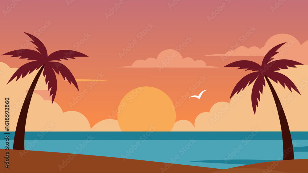 Fototapeta premium Hazy Palm Trees on Sea Beach With Humid Sunrise Tropical Morning