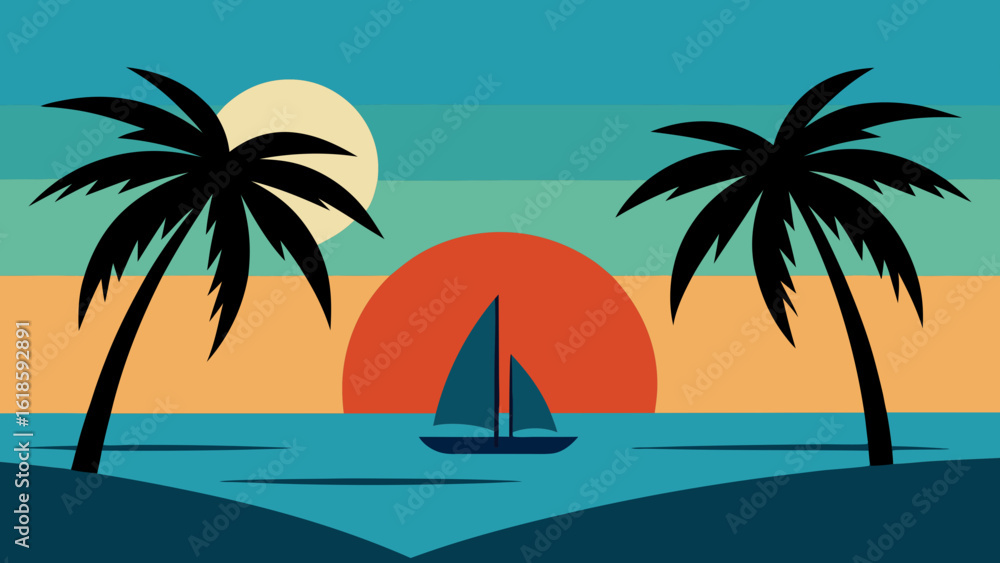 Obraz premium Peaceful Palm Trees on Sea Beach With Sailboat on Distant Horizon
