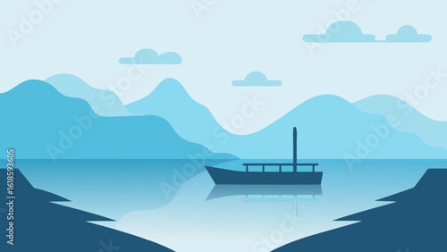 Ethereal Simple Dock Over Misty Water With Boat Silhouette View