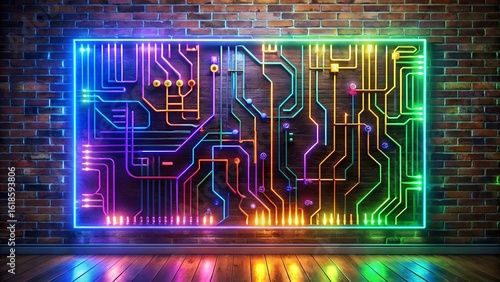 Colorful neon circuit board on brick wall