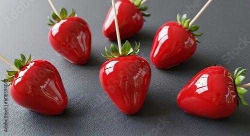 Close-Up of Six Shiny Red Strawberries with Sticks on Matte Gray Background Highlighting Candy Glaze and Texture