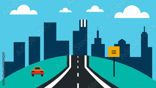 Busy Skyline With Road Signs and Traffic Highway Entrance View