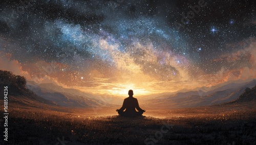 Silhouette of a person meditating in a meadow under a starry night sky