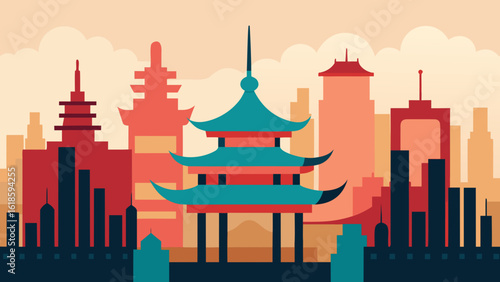 Exotic Skyline With Traditional Asian Temple Rooftops Modern Cityscape