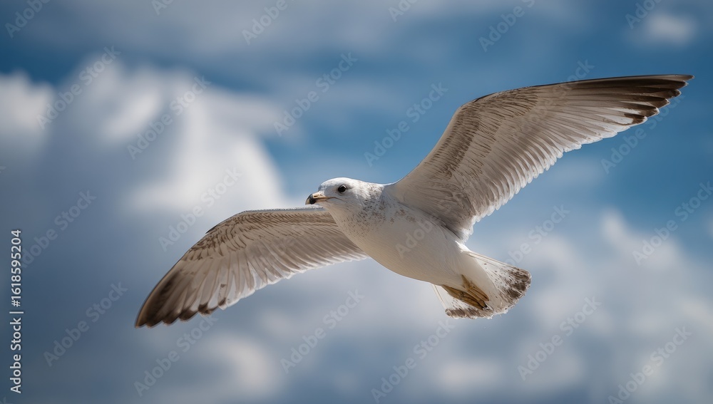 Fototapeta premium A seagull in flight against a partly cloudy sky