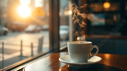 A steaming cup of coffee on a cafe table, warmed by morning sunlight.