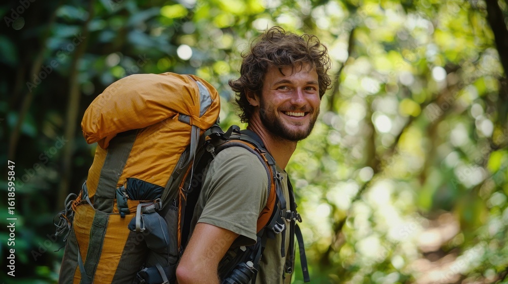 Fototapeta premium A man hiking in a lush green forest, carrying a large yellow backpack.