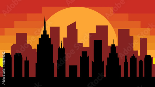 Witness the city sky ablaze with color as the sun sets behind buildings