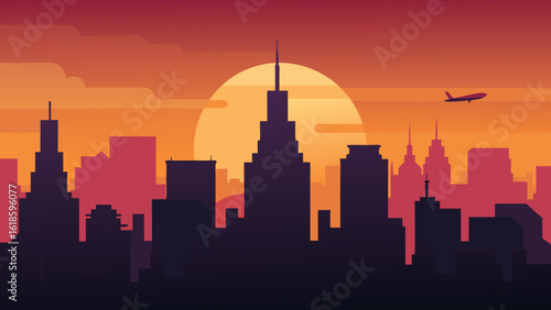 Observe the city skyline at sunset with airplanes in the sky