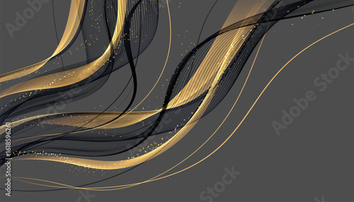 Elegant black and gold abstract flowing lines with glitter accents