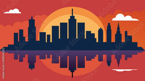 Witness the city skyline with a reflection in a puddle at night