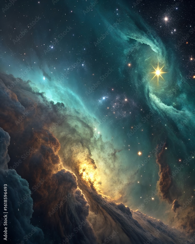 Obraz premium Colorful cosmic clouds glow brightly in a vast nebula, with brilliant stars shining through the swirling dust and gas of space.