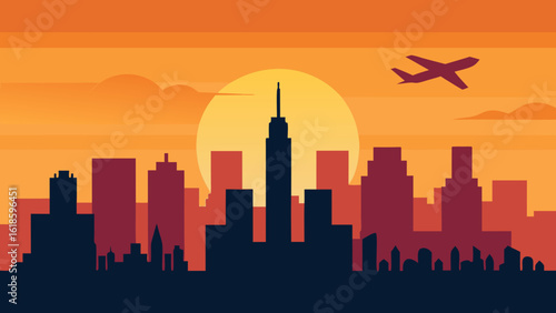 Observe the city sky with a plane taking off from a nearby airport