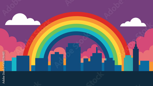 Witness the city sky with a rainbow after a storm at sunset