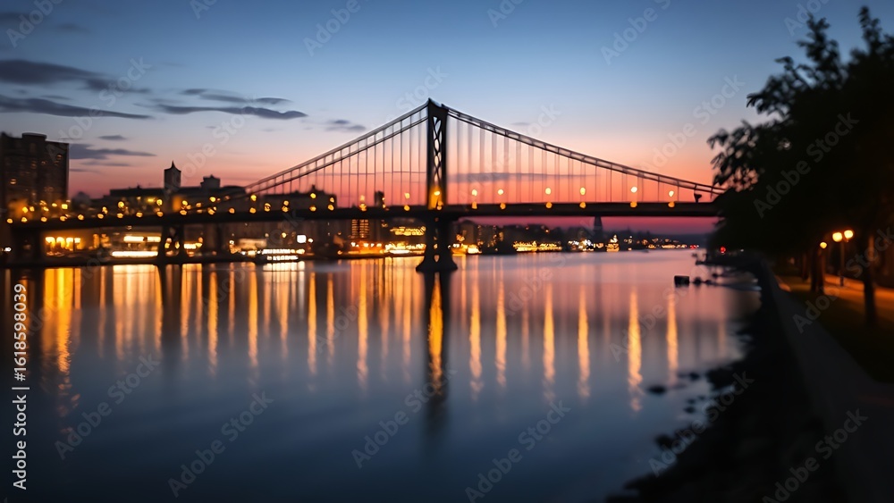 Obraz premium Silhouetted suspension bridge at dusk with city lights