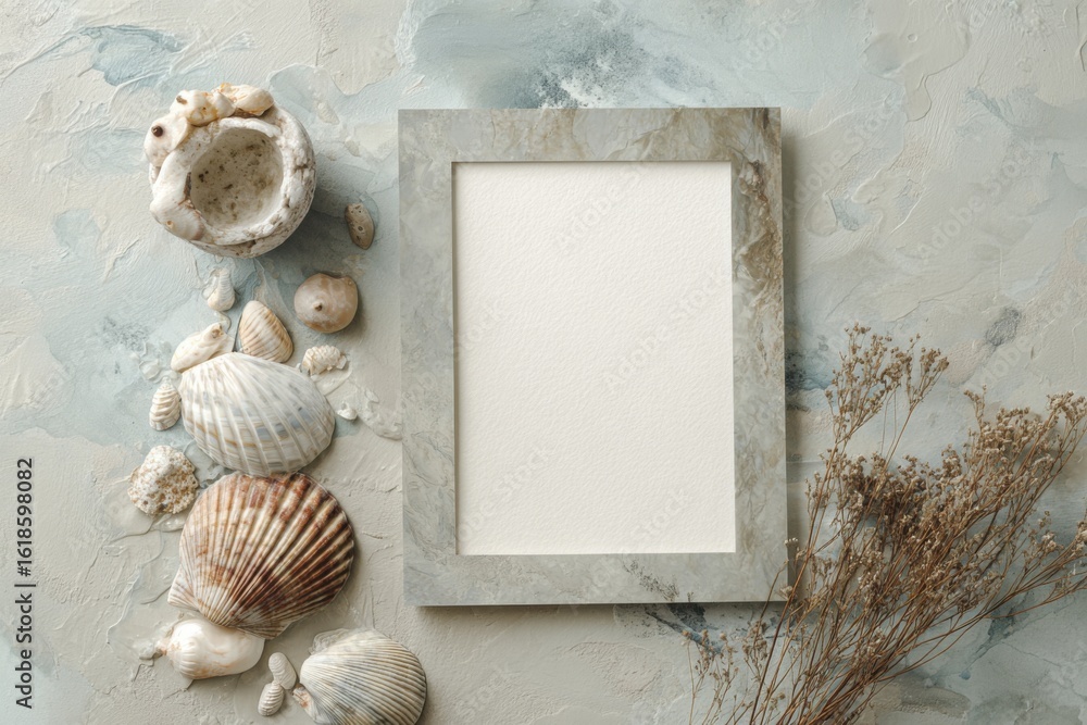 Obraz premium Natural coastal decor displayed with an empty frame surrounded by seashells and dried flowers on a textured surface