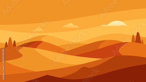 Witness the golden hues of a desert landscape at sunset evening