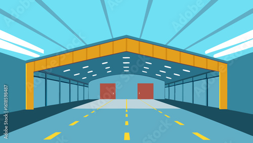Explore the interior of an empty clean airplane hangar for aircraft
