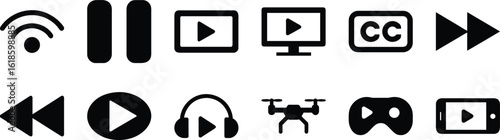 Media control and streaming icons including play, pause, rewind, fast forward, cc, wireless signal, drone, gamepad, headset and smart device on white background