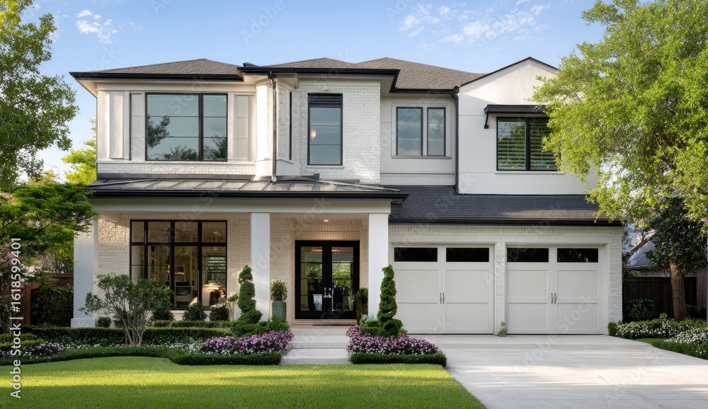 Fototapeta premium Modern, two-story home with white stucco, dark trim, and landscaped yard