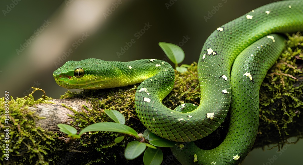 Obraz premium Green tree viper coiled on mossy branch, rainforest setting.