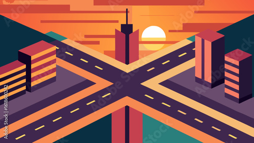 Vibrant Aerial View of a City Intersection at the Break of Dawn